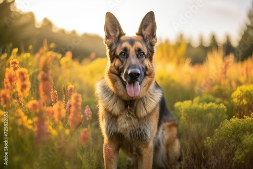 German shepherd dog sitting in meadow field surrounded by vibrant wildflowers and grass on sunny day ai generated © stocksbyrs
