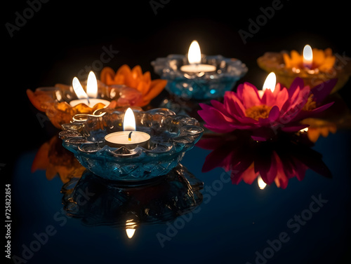 Beautiful Diya lights with flowers floating on water