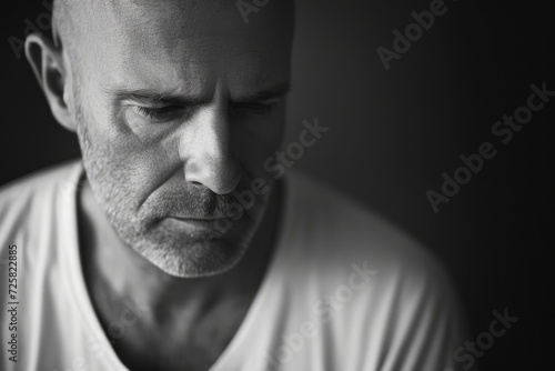 A black and white photo capturing the image of a man with a bald head. Suitable for various uses