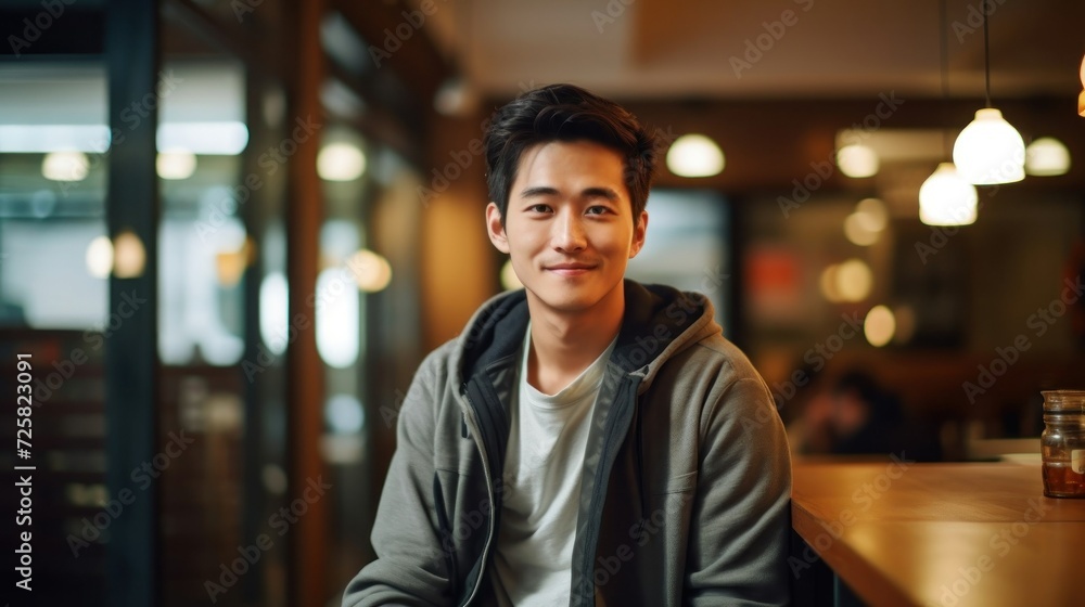 Fototapeta premium Young asian man sitting at table in cafe. Portrait of nice young man. AI Generated