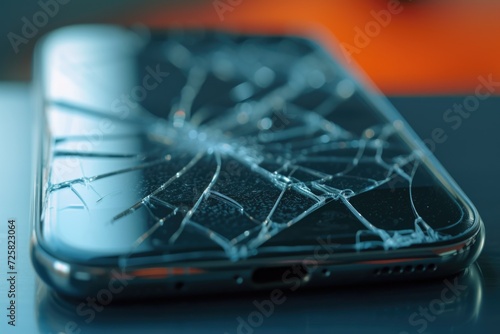 A broken cell phone is sitting on top of a table. This image can be used to depict technology issues or the need for repairs