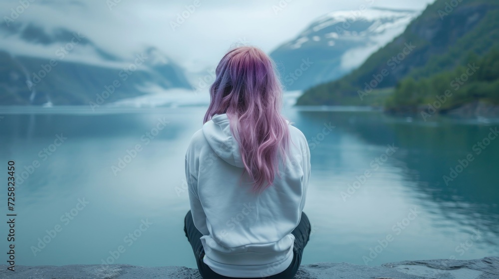 Back of sitting pretty girl. Woman in hoodie sitting on ocean shore. Beautiful seascape. Concept of thoughtfulness, calmness and peace. AI Generated