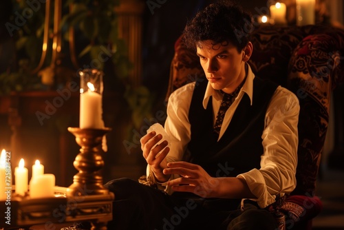 A man sitting on a chair holding a crystal looking at a candle