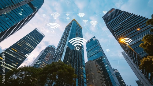 Digital Horizons  Wireless Signs Amidst Skyscrapers
