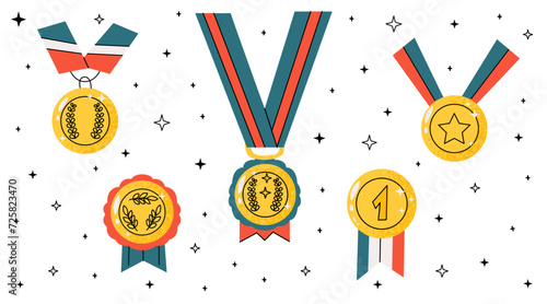 Medals for victory in cartoon style. Gold medals and prizes in retro flat style. Hand drawn award decorative icons. Vintage trophies, first place award.