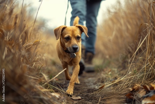 A brown dog running through a field of tall grass. Ideal for nature and outdoor themes
