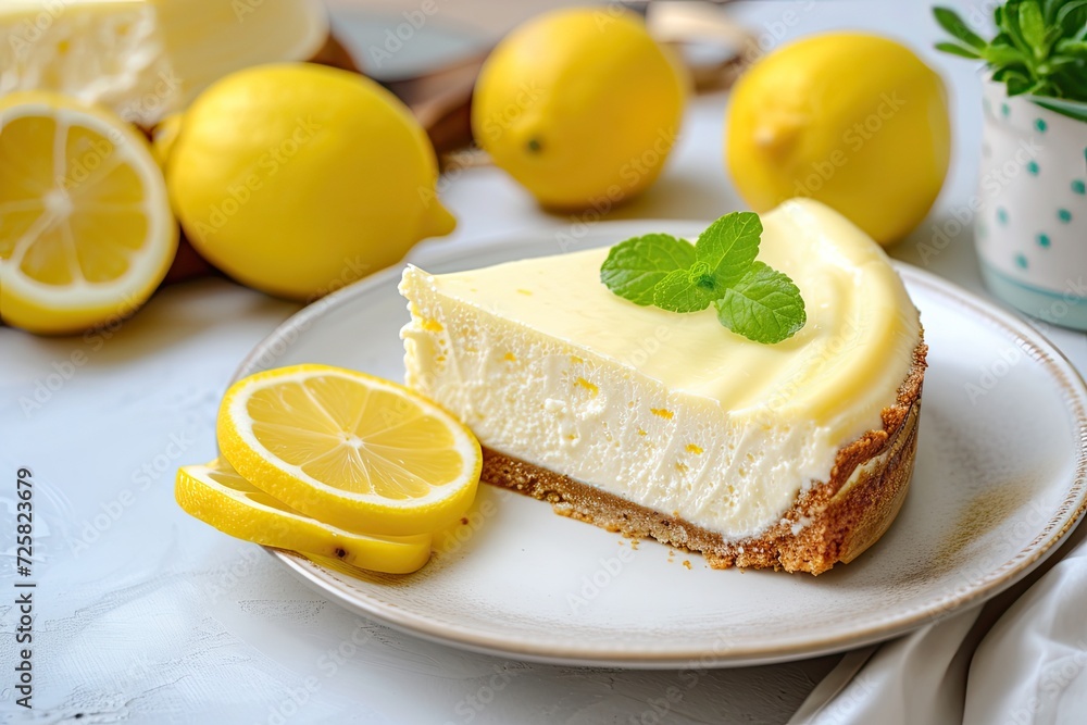 Yummy lemon cheesecake on a plate Yummy lemon cheesecake on a plate