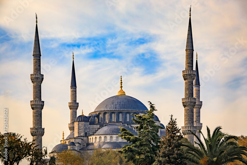 Sultan Ahmed or the Blue Mosque, majestic Ottoman era historical imperial mosque with blue tiles, major cultural and historic site in Istanbul, Turkey