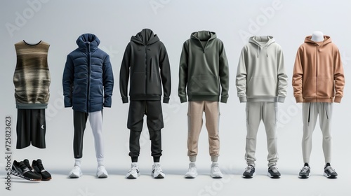Stylish men's tracksuits in a wide range of colors. Mockup for design with copy space for text. Mannequins in a sportswear store.