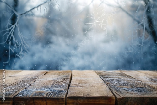 Wooden table surface against frosty winter window background