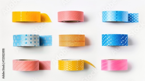 A collection of different colored washi tapes neatly arranged on a white surface. This versatile image can be used for various creative projects and crafts