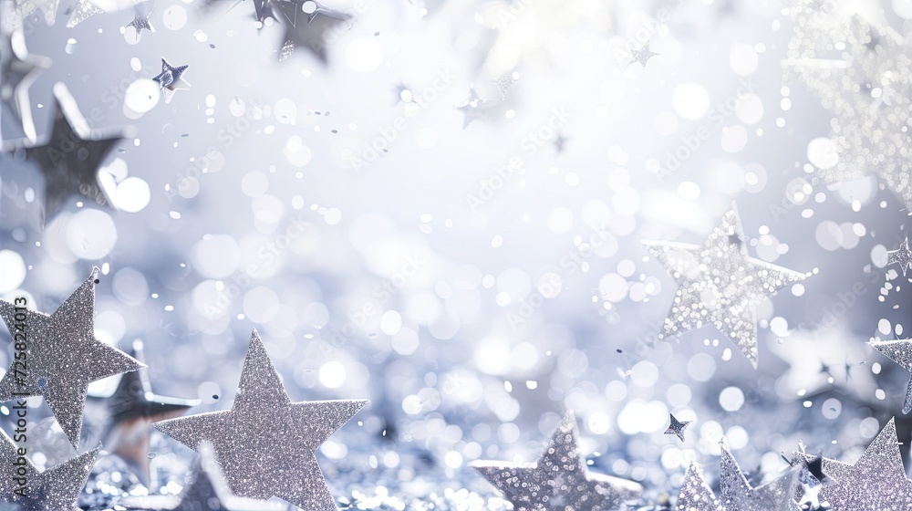 A silver stars confetti frame adorns a banner, creating a shimmering and glamorous scene with plenty of copy space. A silver stars confetti frame adorns a banner, creating a shimmering and glamorous scene with plenty of copy space.