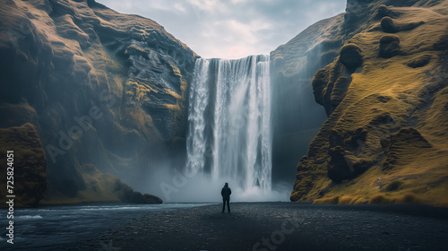 Solo Wanderer Contemplating the Grandeur of a Majestic Waterfall