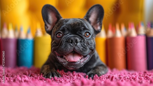 A small funny French bulldog puppy lies on a purple fleecy rug against a blurred background of a huge palette of colored pencils. Life concept: I'm an artist, that's how I see it. © Eugenia