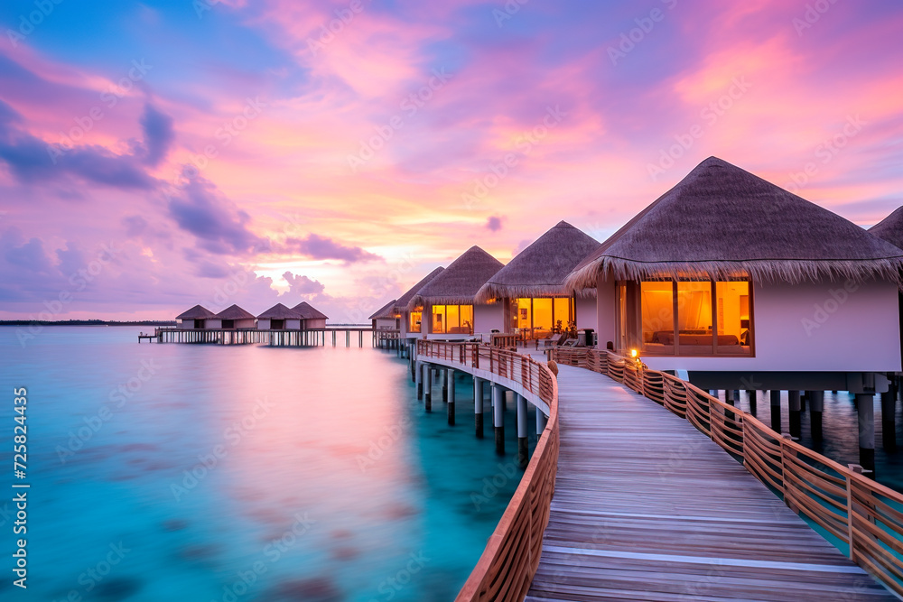 Water bungalow. Sunset on the islands of the Maldives