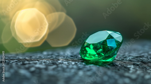 Dazzling  faceted emerald gemstone rests atop rugged rock  its rich green hues vivid against blurred golden background.
