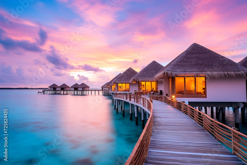 Water bungalow. Sunset on the islands of the Maldives © Jezper