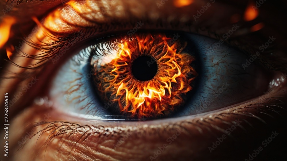 Extreme close-up of a beautiful person eye in flames , burning glowing fire in the eye iris , angry or revengeful people concept image.  generative, ai.