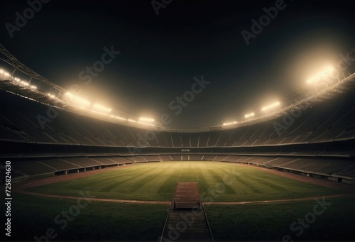 Nighttime Arena Silence Empty Stadium with Soccer Field, Space for Text