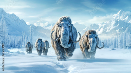Woolly mammoths herd in frozen cold landscape in blue and white tones, wide banner, extinct prehistoric animals. Copy space.