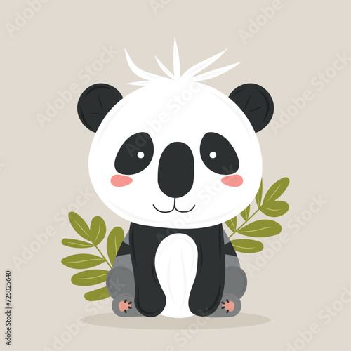 Fototapeta Naklejka Na Ścianę i Meble -  Children's cartoon panda illustration on light gray background. Children's theme. For cartoon characters, posters, postcards. 