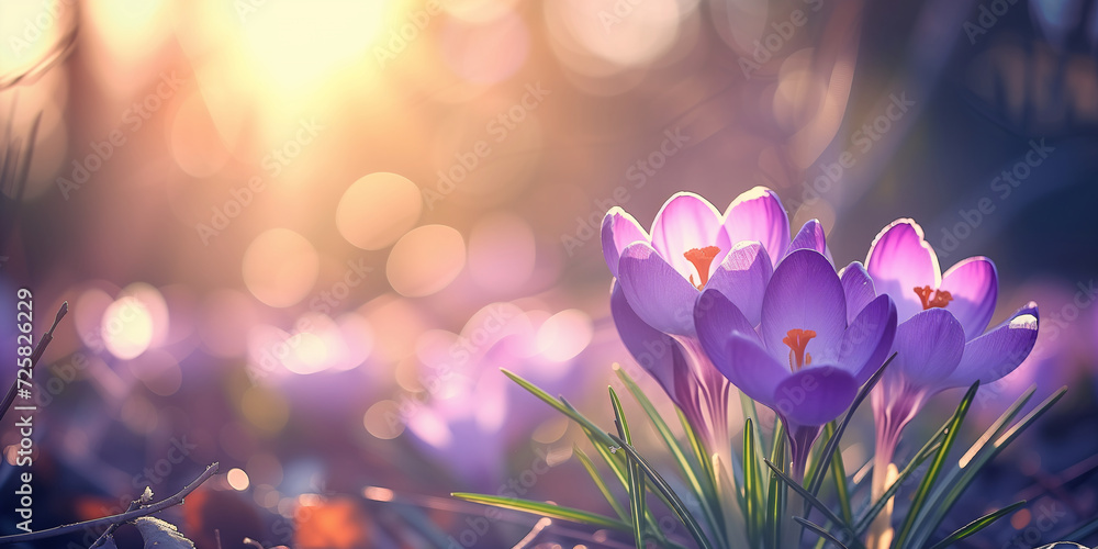 Purple crocuses in bloom with bokeh baground. Spring and beauty concept. Design for gardening, seasonal festivals flyer, invitation. Banner with copy space. - obrazy, fototapety, plakaty 