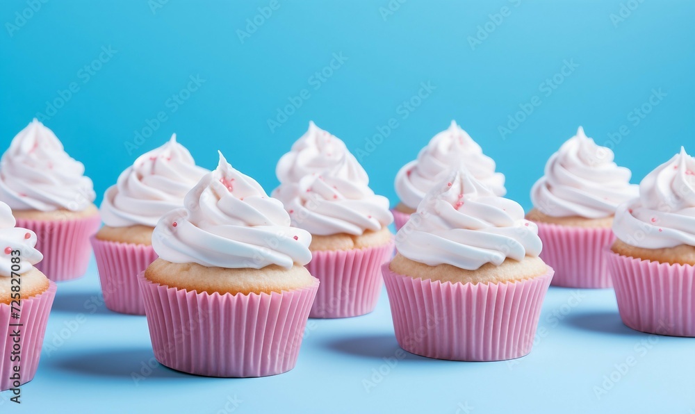 Cupcakes with pink frosting on blue pastel background.