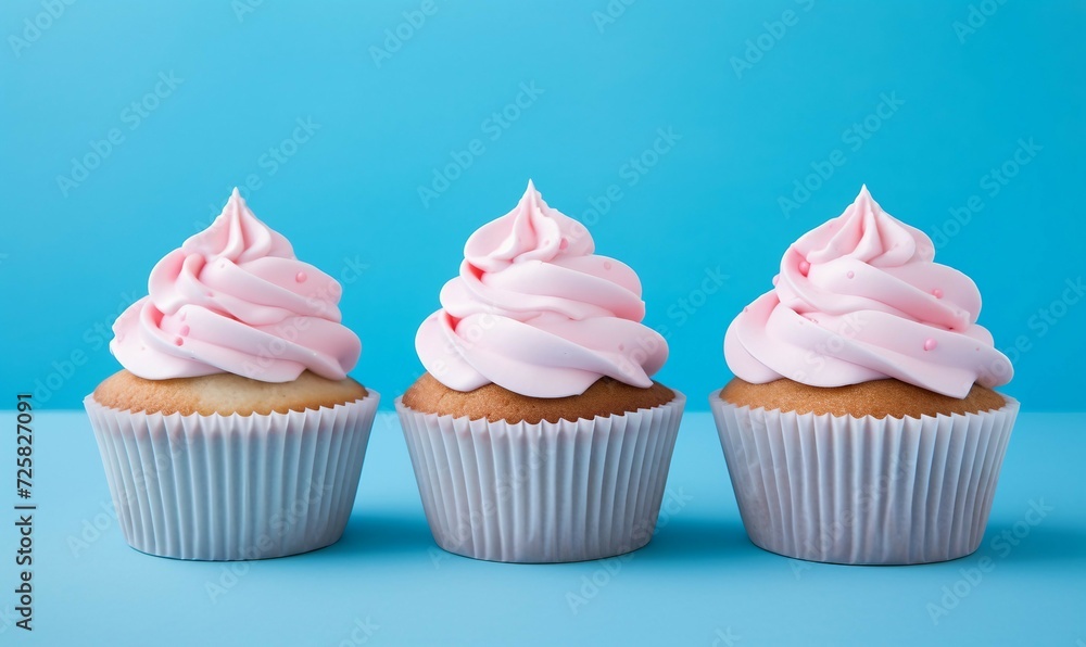 Three cupcakes with pink frosting on blue background with copy space