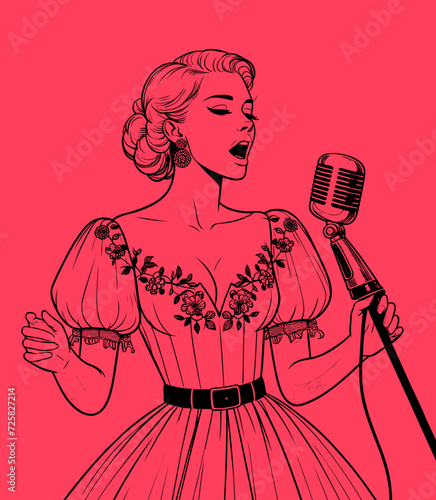 Dessin au trait - Personnage années folles - 1920 - Femme artiste blanche qui chante au micro
