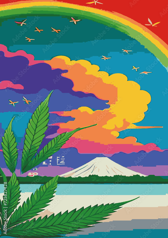 Obraz premium Text Background Set: Rainbow Landscape, Dragon, Dinosaur, Festival, Frame, Legalize, Chinese, Asian, Japanese, Engraving