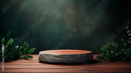 Wooden Platform Empty Blank Plate Podium Pedestral Table Stand Mockup Product Display Showcase Wood Surface Podest Presentation Jungle Plants Farn Forest Stones