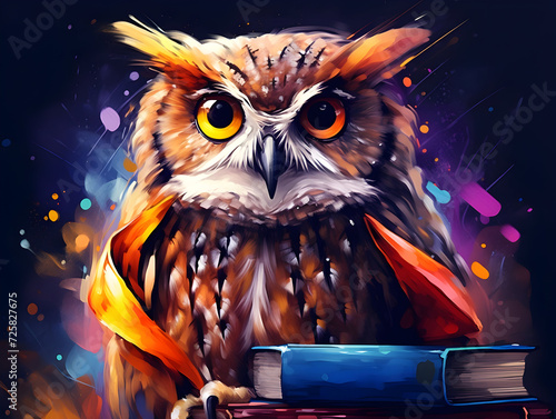 Colorful owl is sitting on books with isolated background