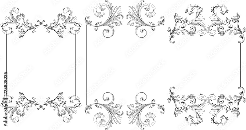 Fotografie Classic baroque frame scroll ornament engraving border floral retro frames set