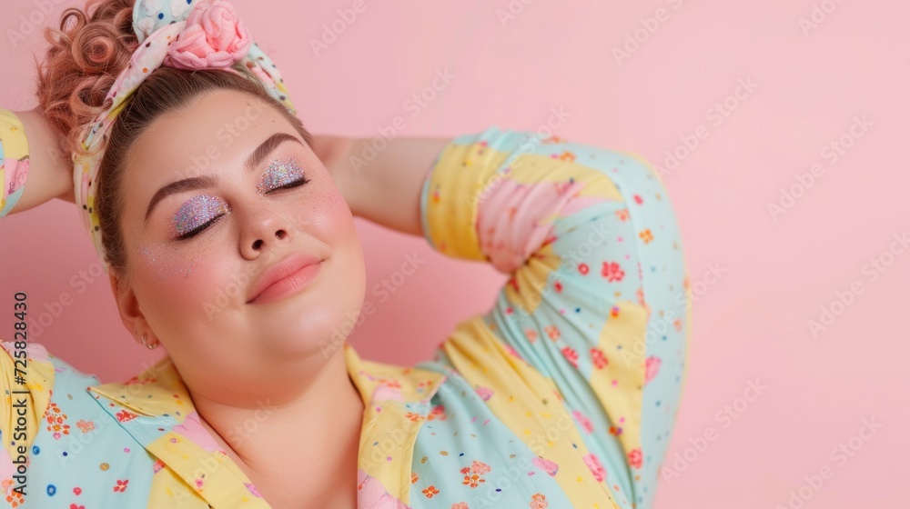 In a studio portrait, a plus-size woman exudes charm in pastel pajamas against a soothing pastel backdrop. In a studio portrait, a plus-size woman exudes charm in pastel pajamas against a soothing pastel backdrop.