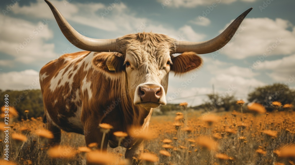 Portrait of Texas Longhorn cattle standing on a grassy and blooming field on a ranch against a blue sky. Nature, Pets concepts. Portrait of Texas Longhorn cattle standing on a grassy and blooming field on a ranch against a blue sky. Nature, Pets concepts.