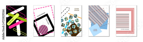 Geometric cover design, set of 5 covers. Abstract unusual background in Memphis style. Bright geometric shapes in random order