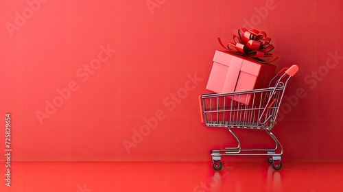 a realistic image featuring a red shopping cart filled with festive gifts, including a peripheral gift box, symbolizing the joy of giving and the excitement of holiday shopping.