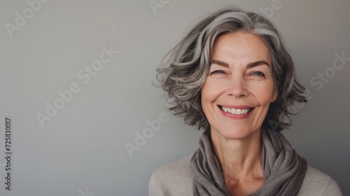 Elegant portrait of a joyous senior Caucasian woman, her stylish grey hair and lovely wrinkles illuminated by studio lights.