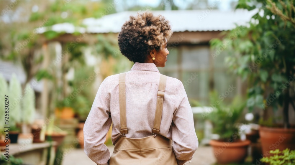 Rear image of a cheerful adult female gardener, donned in gardening clothes, with a lush garden behind her. Rear image of a cheerful adult female gardener, donned in gardening clothes, with a lush garden behind her.