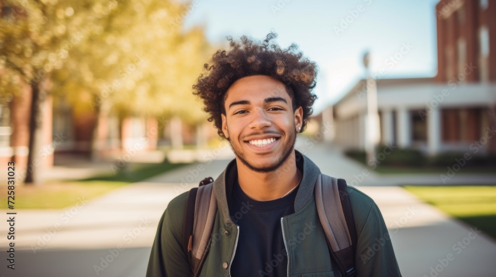 Smiling male student, diverse and confident, posing outside near the college. Smiling male student, diverse and confident, posing outside near the college.