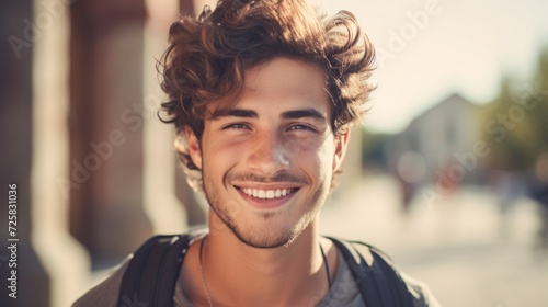 Relaxed and confident young man posing next to the college, smiling at the camera.