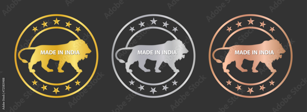 Made in India stamp icon set with stars in circle in gold, silver and bronze color. Made in India symbol icon set for Indian products and industrial usage isolated on black background.