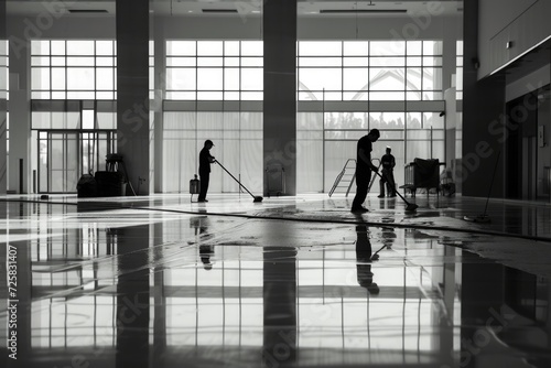 Two men are shown cleaning the floor. This image can be used to depict cleaning, teamwork, or janitorial services
