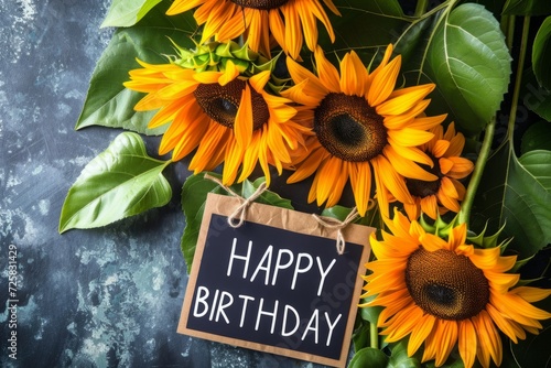 Happy Birthday sign with sunflower background Generative AI
