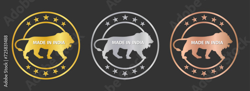 Made in India stamp icon set with stars in circle in gold, silver and bronze color. Made in India symbol icon set for Indian products and industrial usage isolated on black background.