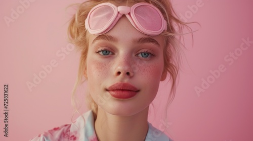Vibrant makeup and pastel clothing adorn a beautiful blonde in a closeup shot.