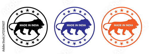 Made in India stamp icon set with stars in circle in black, blue and orange color. Made in India symbol icon set for Indian products and industrial usage isolated on white background. photo
