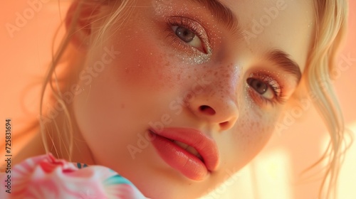 A stunning closeup of a young blonde woman, dressed in pastels, with vibrant and glittery makeup.