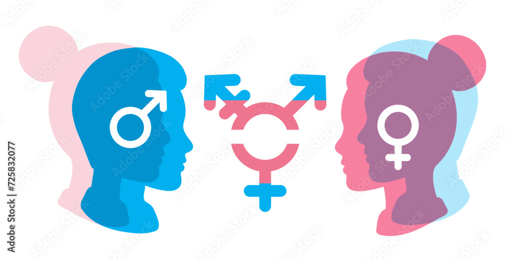 Transgender person, gender identity man and woman. Male, female sex change. LGBTQ pride month. LGBT freedom. Binary trans people head silhouette. No social discrimination, human right equality. Vector Transgender person, gender identity man and woman. Male, female sex change. LGBTQ pride month. LGBT freedom. Binary trans people head silhouette. No social discrimination, human right equality. Vector