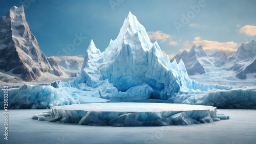 Ice background podium cold winter snow product platform floor frozen mountain iceberg. Podium glacier cool ice background stage landscape display icy stand 3d water nature pedestal.  generative, ai. © Oleks Stock